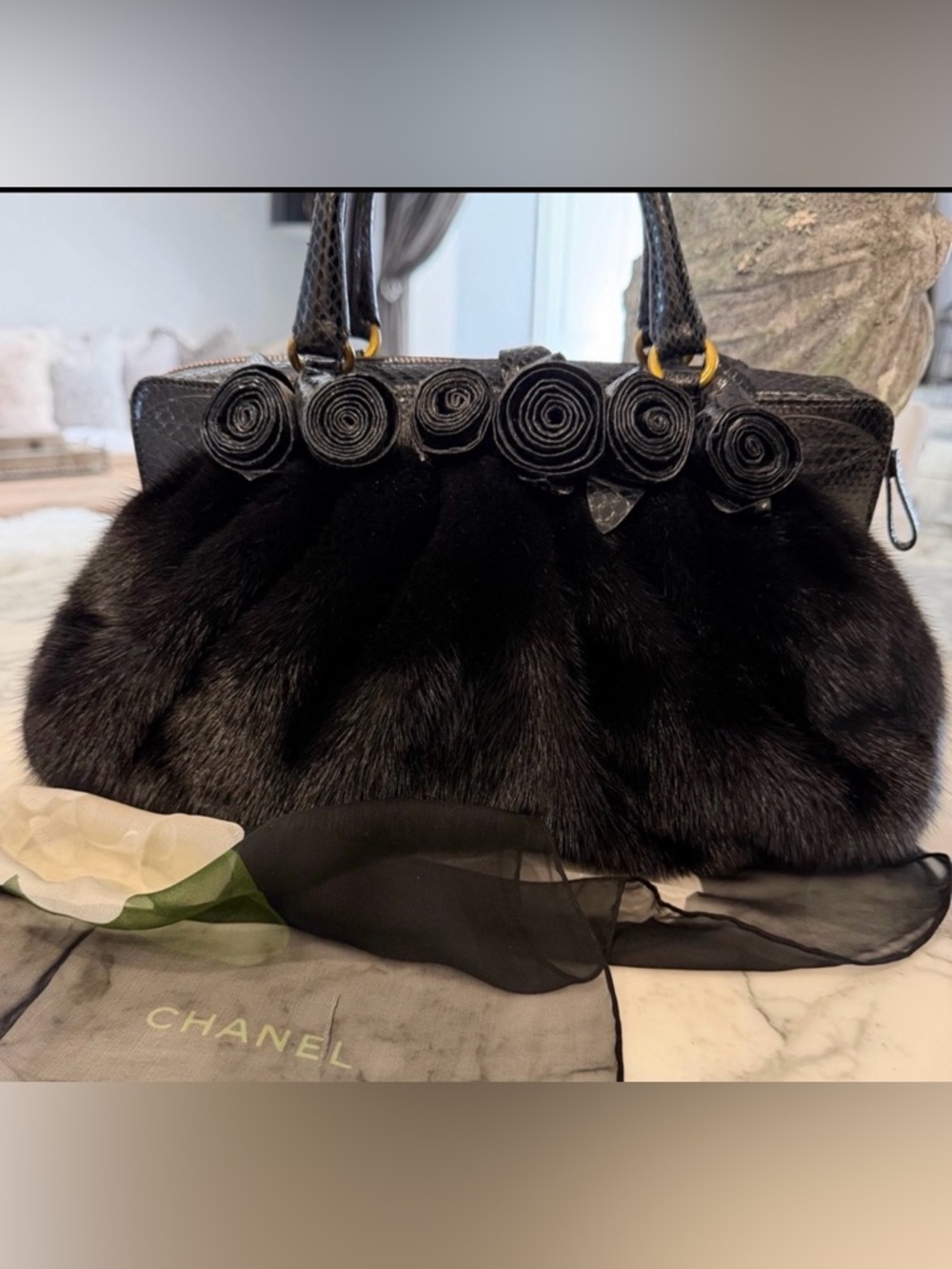 Valentino Mink Fur Floral Appliqué  Bag Black Gold Hardware